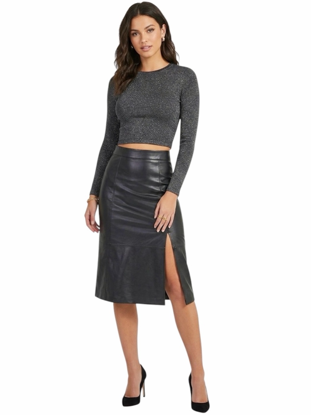 Spanx Leather-Like Midi Skirt in Noir black